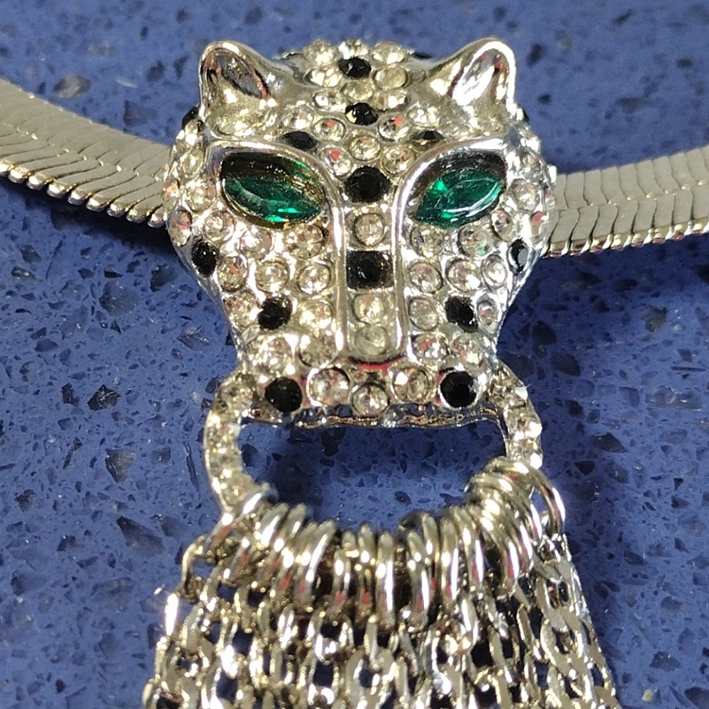 Rhinestone Panther Fringe Necklace Vintage